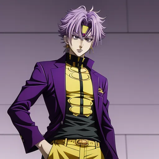 low quality photos - a man in a purple suit and yellow pants standing in front of a wall with his hands on his hips, by Hirohiko Araki