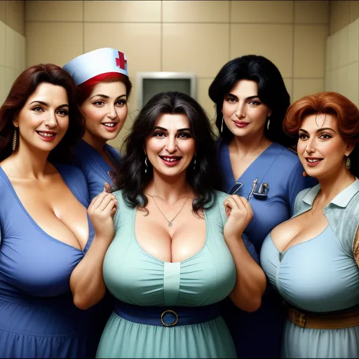 image to pixel converter - a group of women in blue dresses standing in a bathroom together with a nurse in the background and a mirror behind them, by Botero