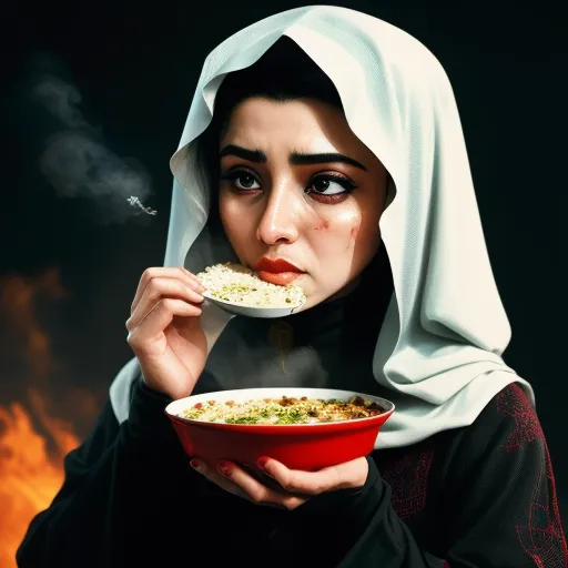 best image ai - a woman in a nun outfit eating a bowl of food with a cigarette in her mouth and a cigarette in her mouth, by Reylia Slaby