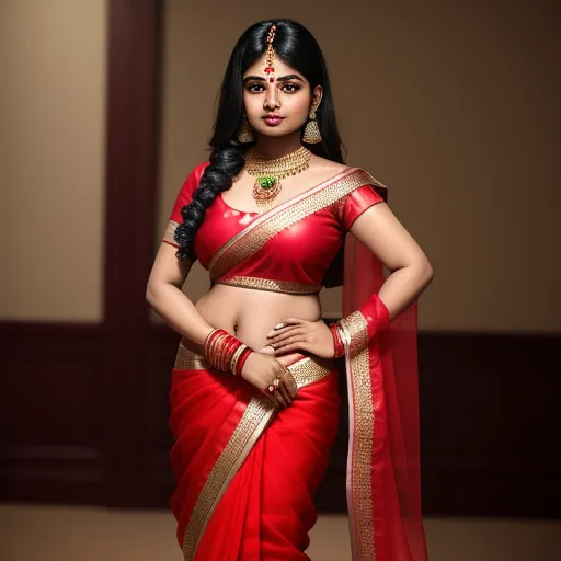 a woman in a red sari and gold jewelry is posing for a picture in a studio setting with a brown wall, by Hendrik van Steenwijk I