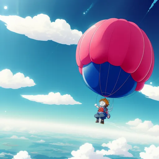 a person flying in the air with a hot air balloon in the sky above them and clouds below them, by NHK Animation