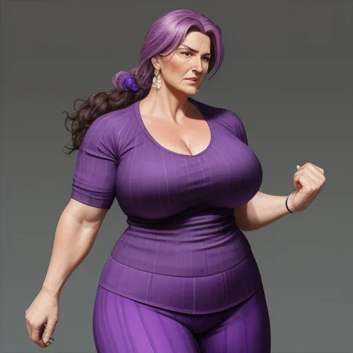 animated image ai - a woman in a purple outfit is posing for a picture with her fist out and her hair in a bun, by Hirohiko Araki