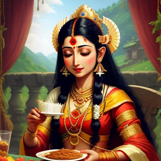 high resolution image - a painting of a woman holding a plate of food in her hands and a glass of water in her hand, by Raja Ravi Varma
