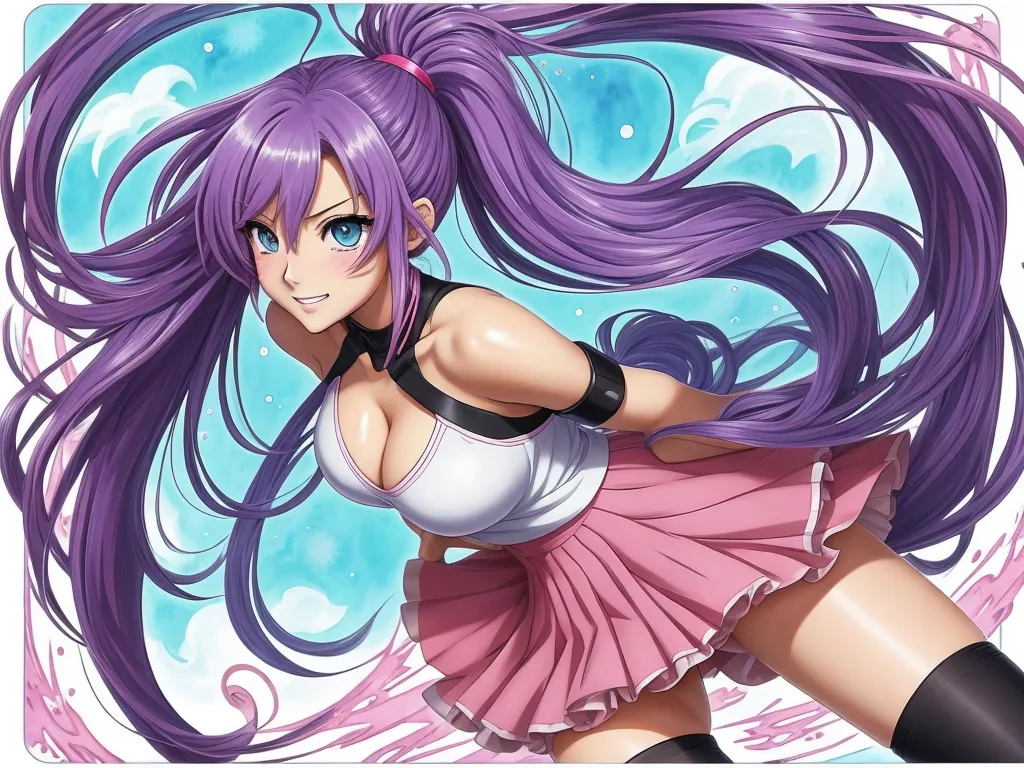 ai photo enhancer - a girl with purple hair and a white top is dancing in a pink skirt and black boots with her hair blowing in the wind, by Hanabusa Itchō