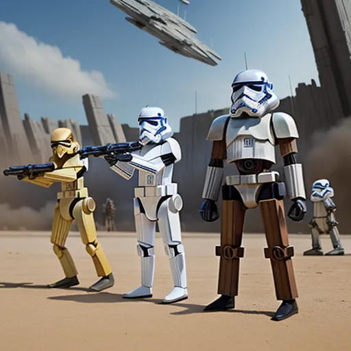 best online ai image generator - a group of toy figures of star wars characters in a desert setting with a city in the background and a star wars scene in the foreground, by Pixar Concept Artists