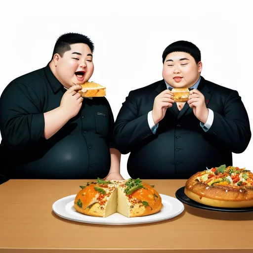 make any photo hd - two men eating sandwiches and a pizza on a plate on a table with a white background and a wooden table, by Botero