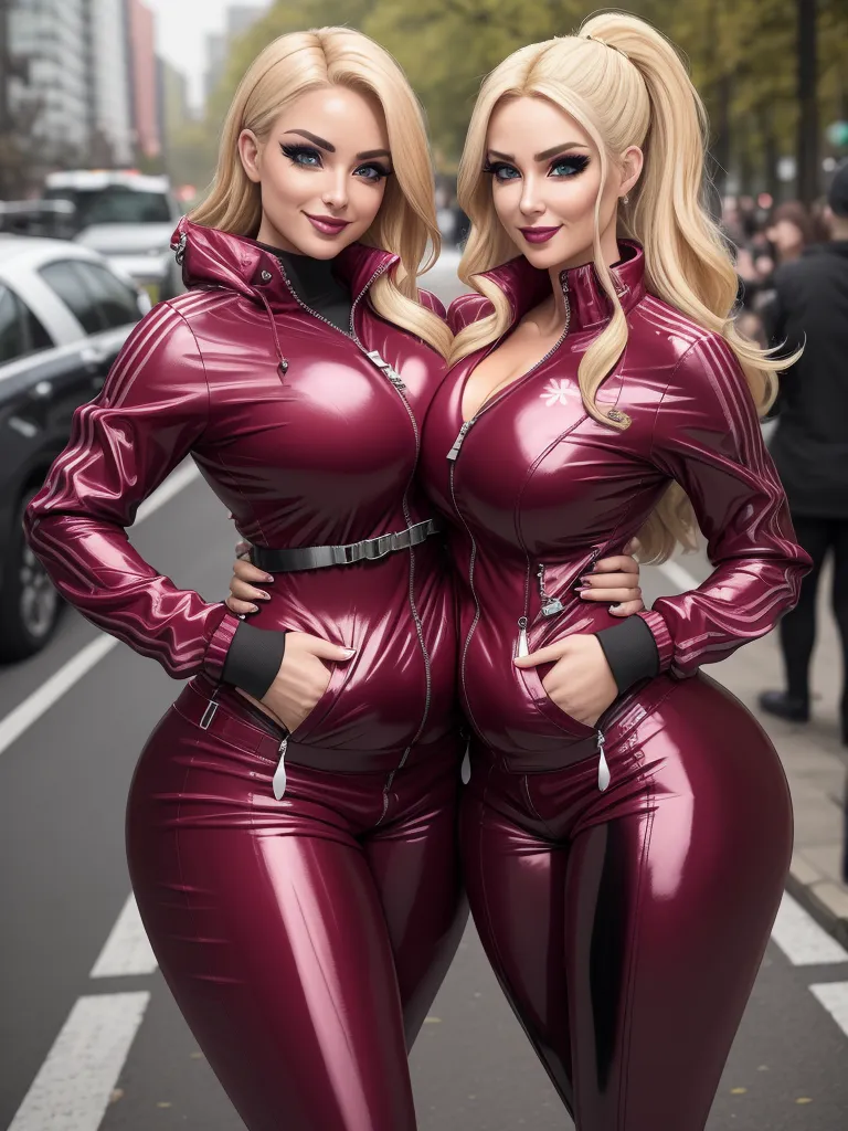 best free text to image ai - two women in shiny red outfits posing for a picture on a street corner with a car in the background, by Sailor Moon