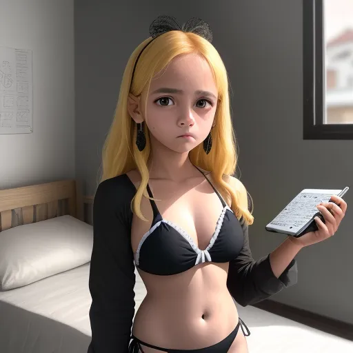 make image hd free - a cartoon girl in a bikini holding a remote control in her hand and looking at the camera with a serious look on her face, by Hirohiko Araki