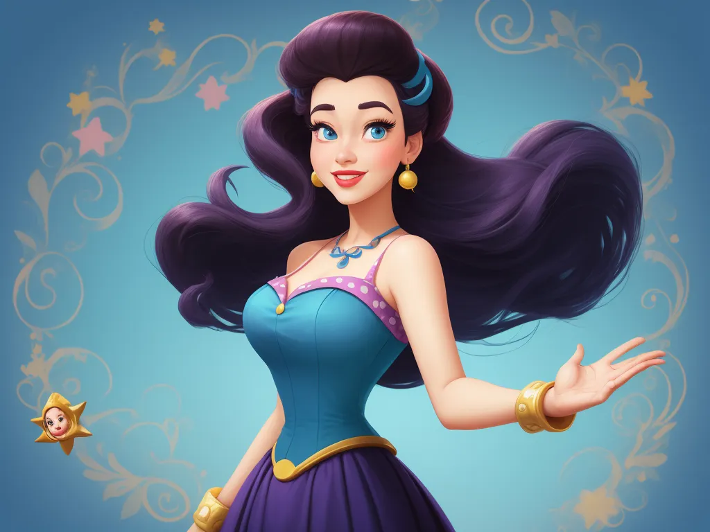 a cartoon character with long hair and a blue dress with stars on it, holding out her hands and smiling, by Lois van Baarle