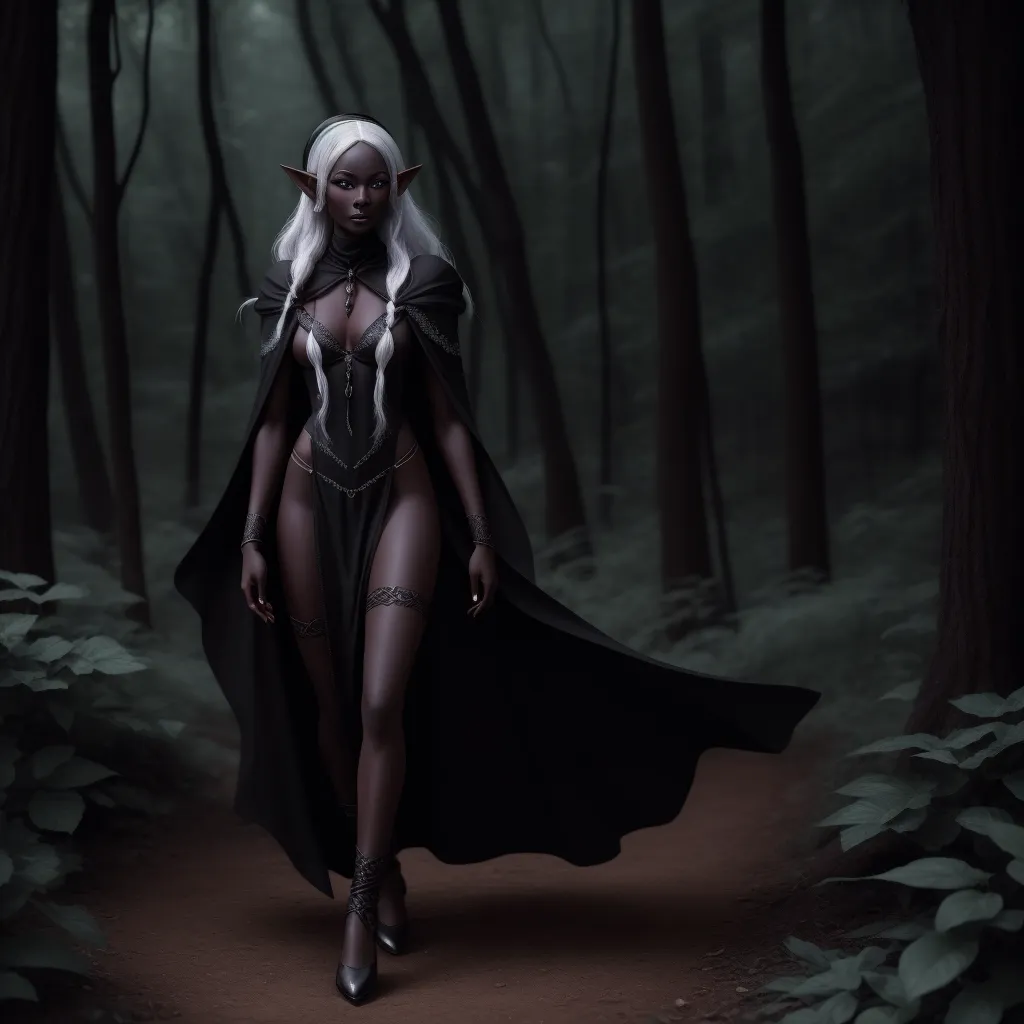 ai created images - a woman in a black dress and cape walking through a forest with trees and bushes on either side of her, by Edmond Xavier Kapp