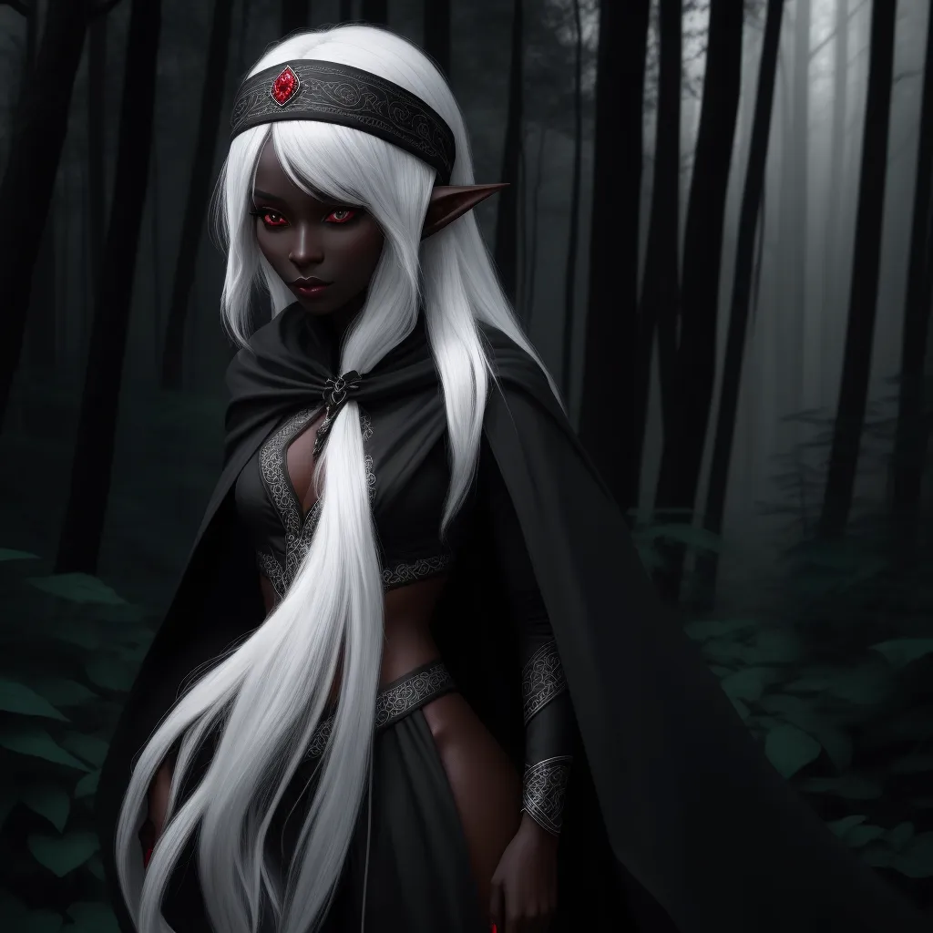 convert to 4k photo - a woman with white hair and a black cape in a forest with trees and bushes, with a red heart on her forehead, by Lois van Baarle