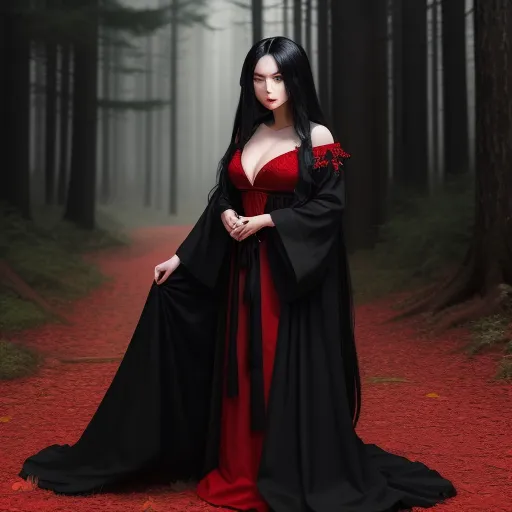 1080p to 4k converter - a woman in a red and black dress standing in a forest with a black cloak on her head and a red rose on her chest, by Bella Kotak