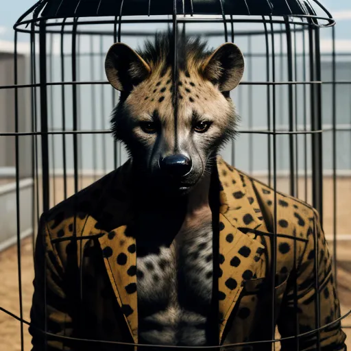 ai text image generator - a cheetah in a jacket is in a cage with a jacket on it's head and a collar on, by Ryohei Hase