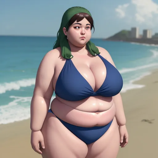 ai image generators - a woman in a blue bikini standing on a beach next to the ocean with a green headband on, by Hirohiko Araki