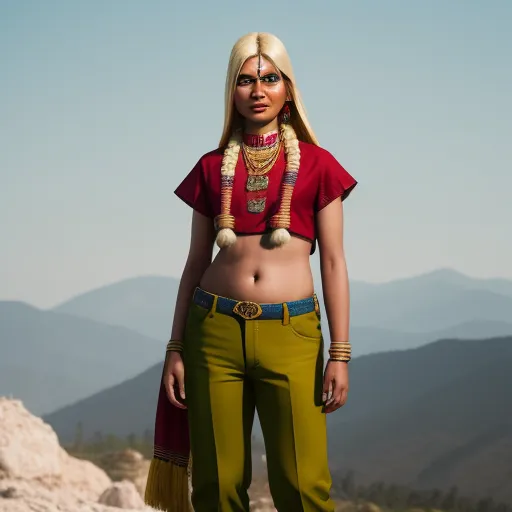 a woman with a necklace and a necklace on her neck standing on a mountain top with mountains in the background, by Kent Monkman