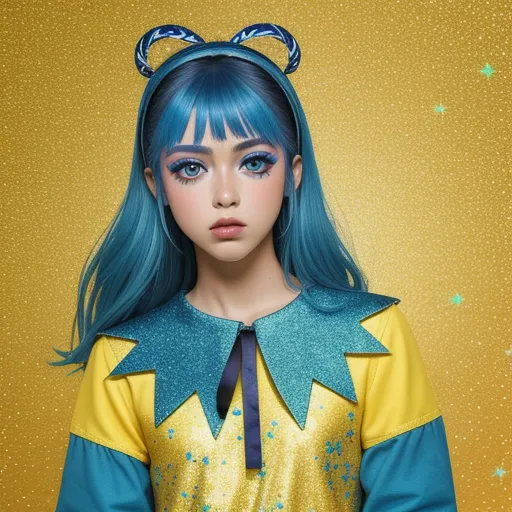 text-to-image ai generator - a girl with blue hair and a yellow shirt and blue hair and a blue and yellow top and a yellow background, by Terada Katsuya