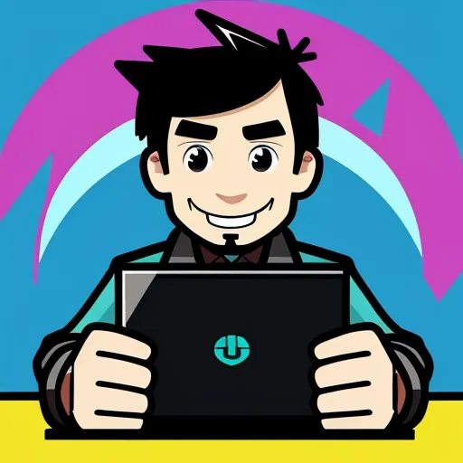 a man sitting at a table with a tablet computer in his hands and a smile on his face, with a blue background, by Toei Animations