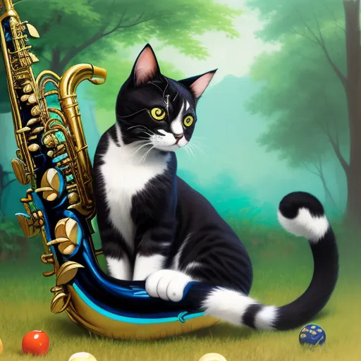 best online ai image generator - a cat sitting on a saxophone in a field of grass with a ball in the foreground and a painting of a cat in the background, by Lisa Frank