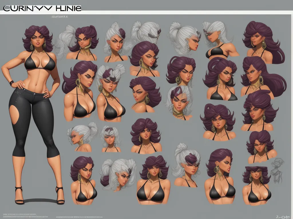 a woman in a bikini poses for a character creation sheet, with various poses and hair styles, and a variety of hair styles, by theCHAMBA