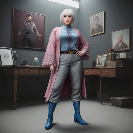 a woman in a pink coat and blue boots standing in a room with a desk and pictures on the wall, by Hirohiko Araki