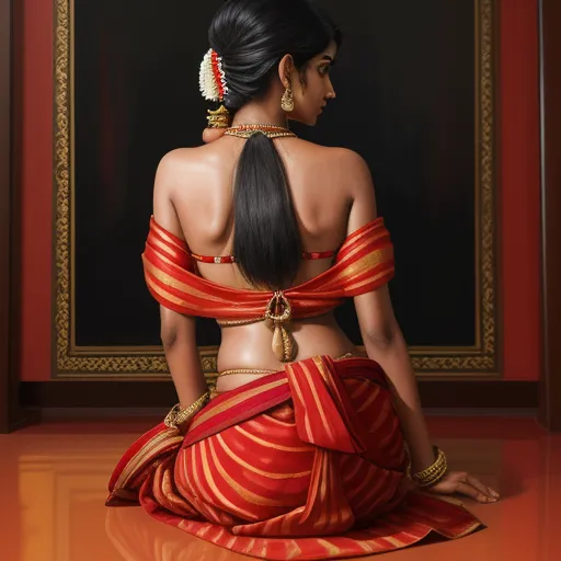 a painting of a woman in a red and gold dress sitting on the floor in front of a painting, by Raja Ravi Varma