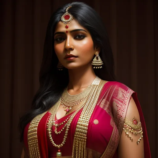 a woman in a red and gold sari with a gold necklace and earrings on her neck and shoulder, by Raja Ravi Varma