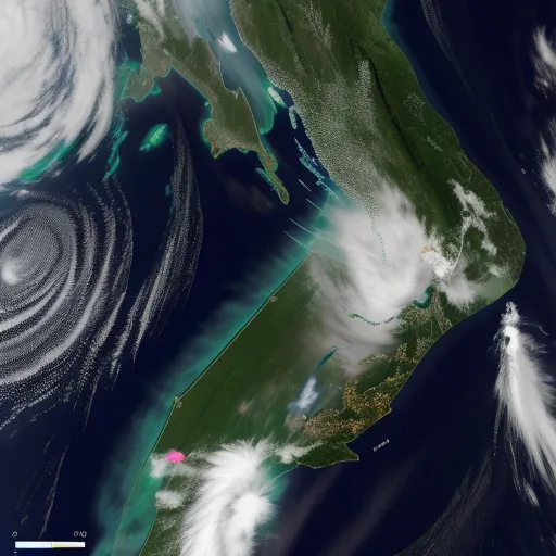 a satellite image of a storm moving through the ocean with a green and white swirl in the center of the image, by Benoit B. Mandelbrot