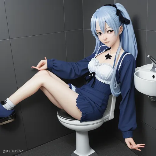 a woman sitting on a toilet in a bathroom next to a sink and a sink with a faucet, by Takeshi Obata