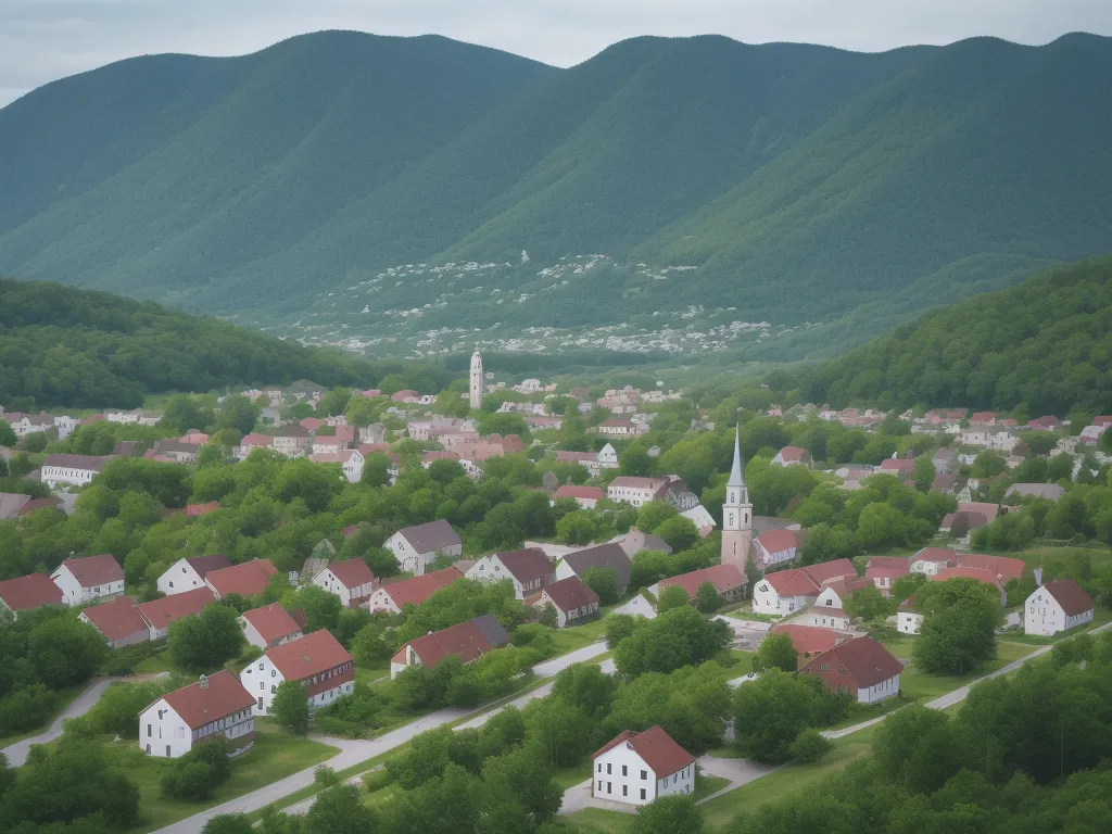 a small town nestled in a valley with mountains in the background and a church in the foreground with a church steeple in the middle, by Gregory Crewdson
