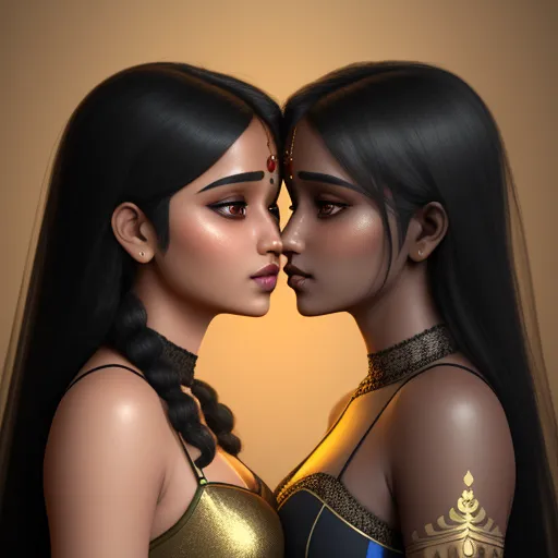 two women are kissing each other with a gold dress on their body and a gold necklace on their neck, by Lois van Baarle