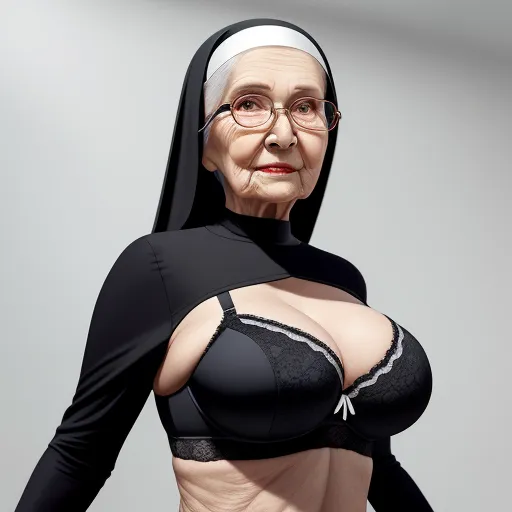 ai text to photo - a woman in a nun costume with glasses and a bra top on her chest and a black wig on her head, by Terada Katsuya