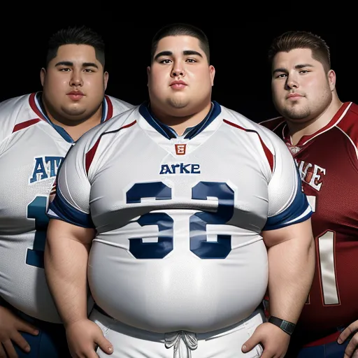 ai text to photo - three men in football uniforms are standing together in a group, one of them is fat and the other is fat, by Botero