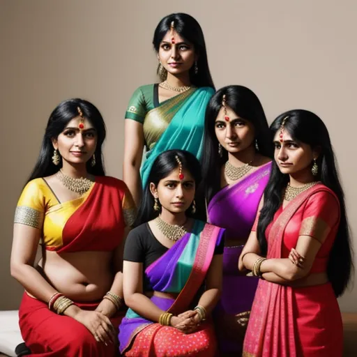 a group of women in sari posing for a picture together in a studio setting with a neutral background, by Raja Ravi Varma