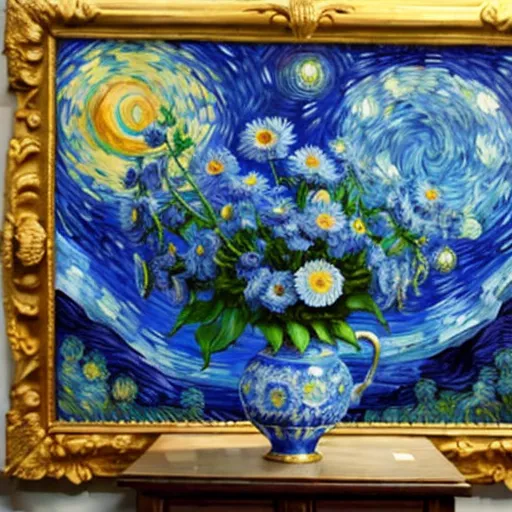 free online upscaler - a painting of blue flowers in a vase on a table with a painting of a starry night in the background, by Ivan Albright