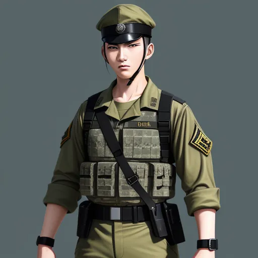 change image resolution online - a man in a uniform with a helmet and a gun in his hand, standing in front of a gray background, by Hanabusa Itchō