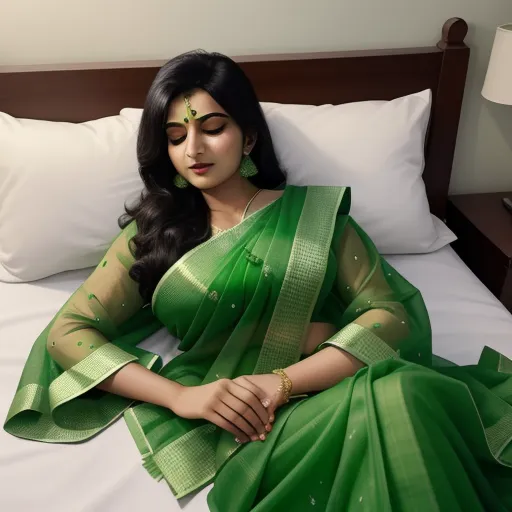 a woman in a green sari sitting on a bed with a white pillow and a white pillow behind her, by Hendrik van Steenwijk I