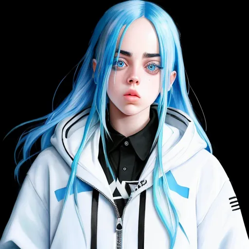 a woman with blue hair and a white jacket with black stripes on it and a black shirt with a blue tie, by Daniela Uhlig