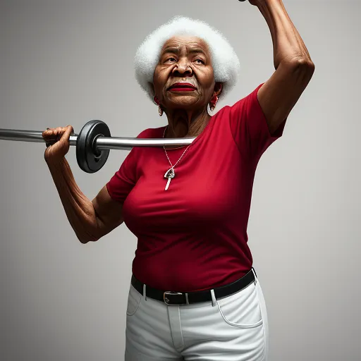 a woman holding a barbell in her right hand and a weight bar in her left hand, with a weight bar in the other hand, by Billie Waters