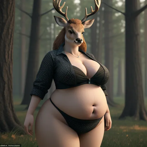 a pregnant woman in a black bra and deer horns is standing in the woods with her butt exposed and her hands on her hips, by Hendrik van Steenwijk I
