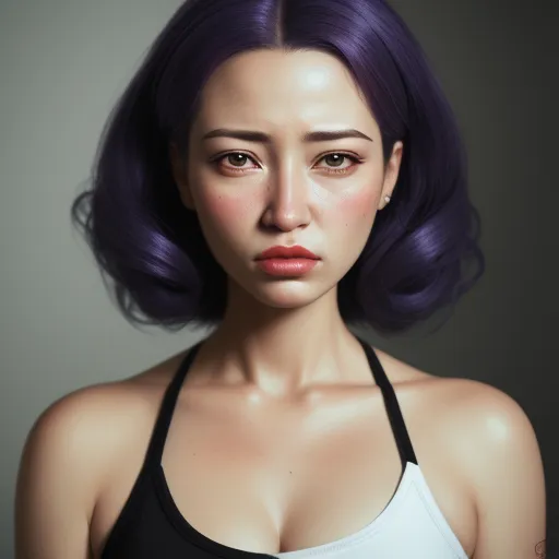 4k picture converter - a woman with purple hair and a black bra top on a gray background with a black bra top on, by Terada Katsuya