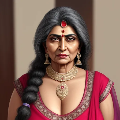 ai image generator from image - a woman in a red sari with a braid and a necklace on her neck and a red blouse, by Lois van Baarle