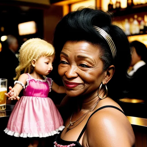 a woman holding a doll and a glass of beer in her hand at a bar with a doll on the counter, by Alec Soth