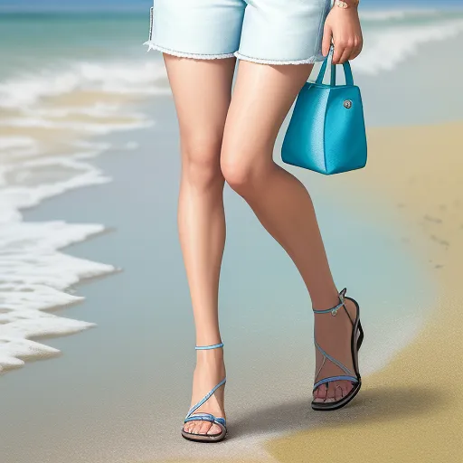 a woman in high heels and a blue purse on the beach with a blue purse in her hand and a blue purse in her other hand, by Hsiao-Ron Cheng