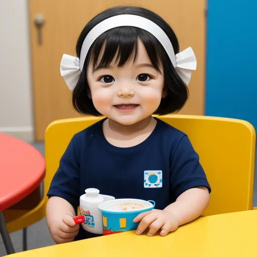 a little girl sitting at a table with a bowl of cereal in her hand and a bottle of milk in her other hand, by Yoshiyuki Tomino