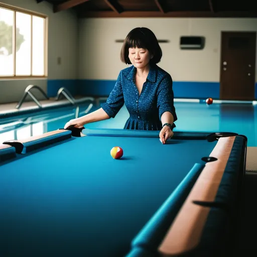 image to 4k - a woman is playing pool in a pool room with a pool table and pool cues in front of her, by Terada Katsuya