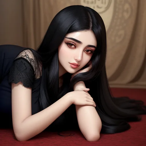 a woman with long black hair laying on a red carpet next to a curtain and a curtained window, by Lois van Baarle