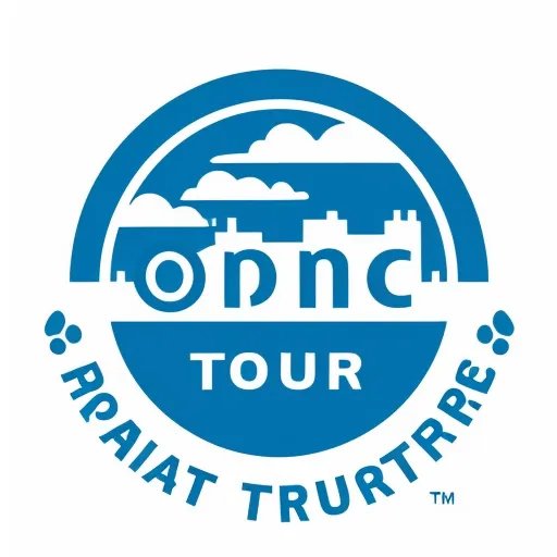 the logo for the onnc tour of the israeli territory of israel, with a blue circle with the words,, by Nicholas Roerich
