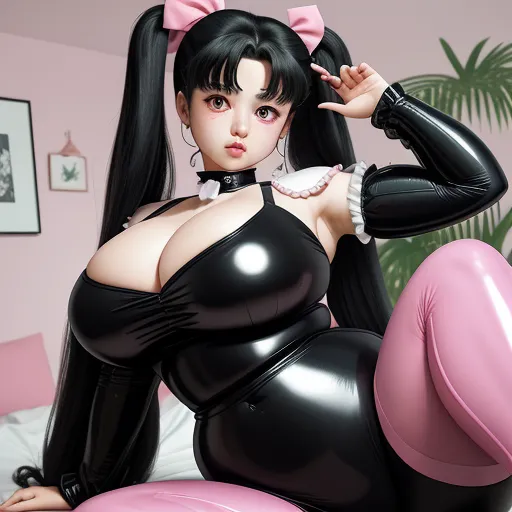 a cartoon picture of a woman in a black outfit and pink tights on a bed with a pink balloon, by Sailor Moon