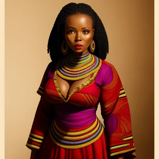 a woman in a red dress with a necklace and earrings on her neck and a necklace on her neck, by Zanele Muholi