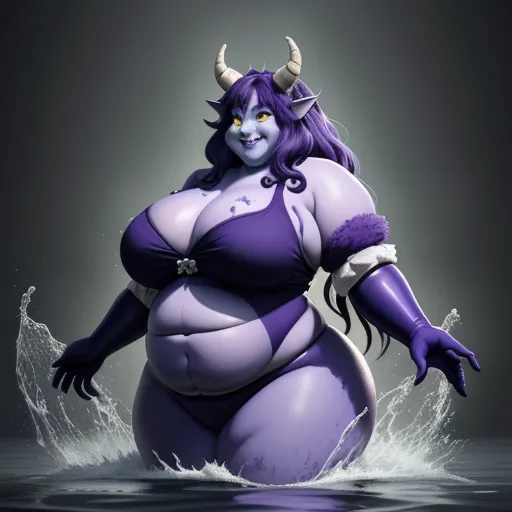 a cartoon character is in the water with horns on her head and a purple outfit on her body and a purple wig, by Lois van Baarle